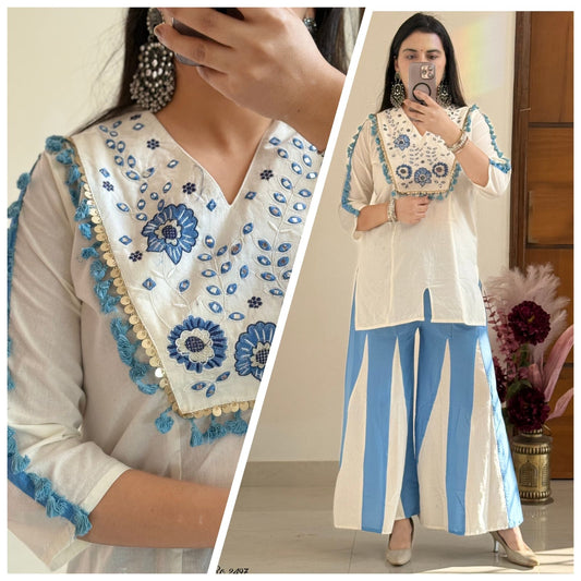 Natural Flax Cotton Mirror Work Co-ord Set