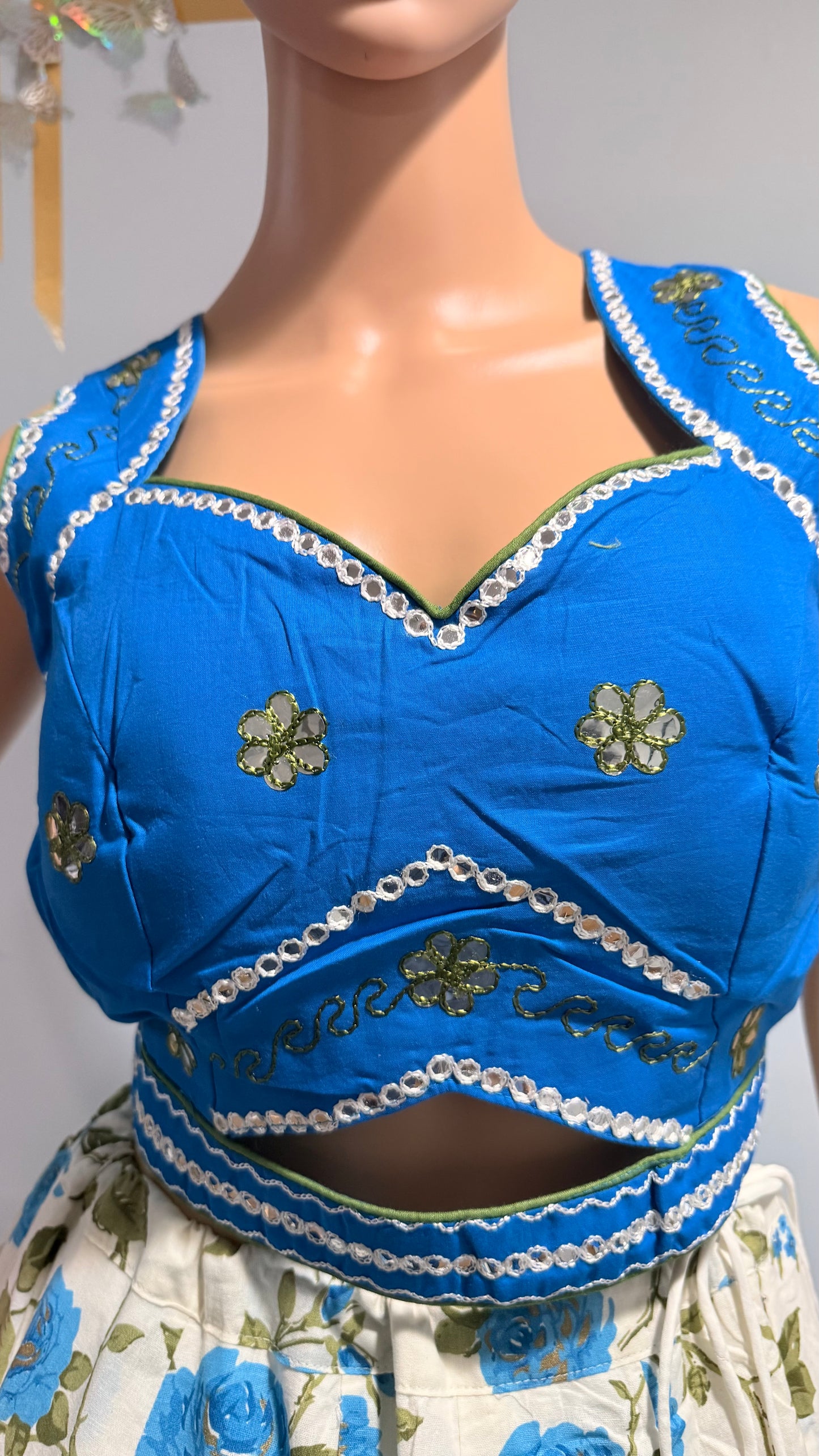 White & Blue Floral Camric Cotton Chaniya Choli & Olive Green Dupatta