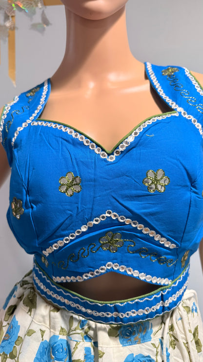 White & Blue Floral Camric Cotton Chaniya Choli & Olive Green Dupatta