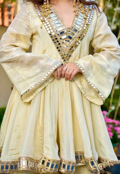 Cosmos Gold Zari Silk Sharara Set with Mirror Work Dupatta