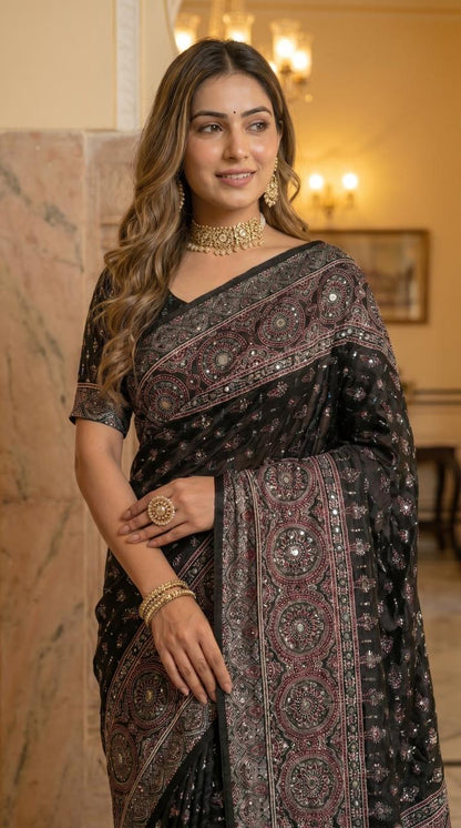 Ajrakh Print Satin Saree with Mirror Work & Moti Latkan