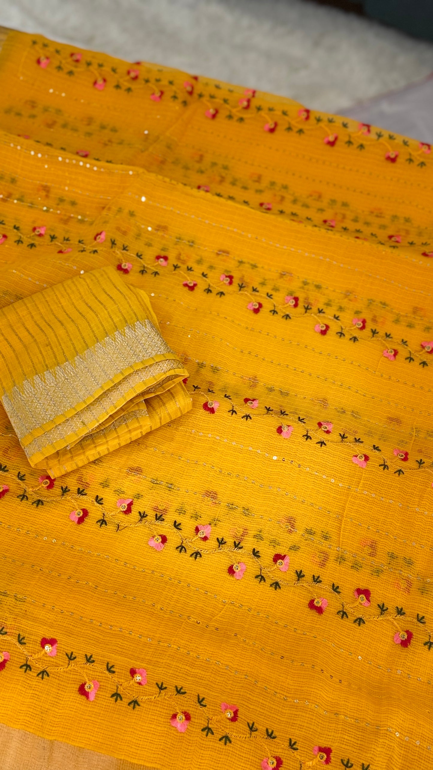 Sunshine Yellow Floral Cotton Saree with Sequins & Thread Embroidery