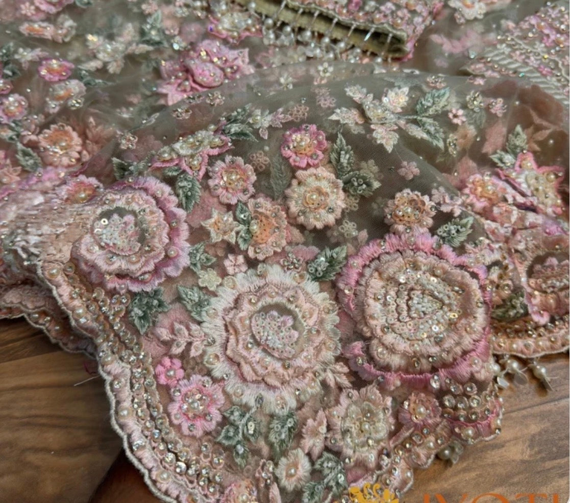 Close-up of floral embroidery with pink and green colors on a fabric background.