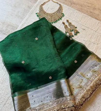 ✨ Pure Tissue Silk Designer Saree with Hand-Embroidered Floral Butis ✨