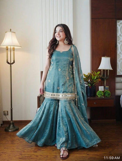 3-Piece Fendy Silk Plazo Set with Mirror Work