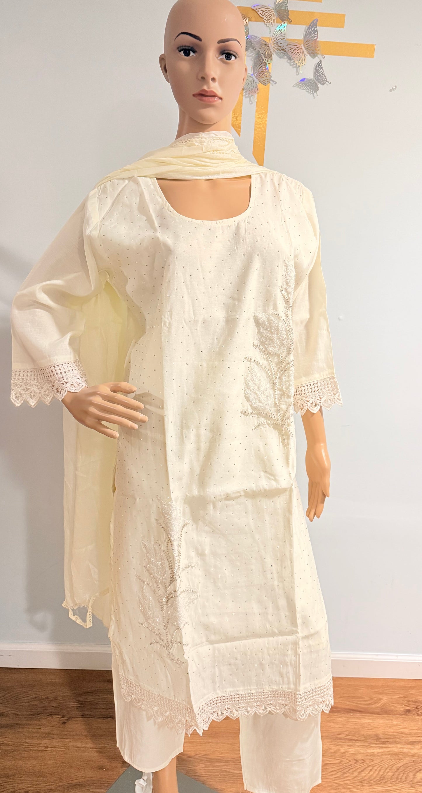 Elegant Off-White Silk Linen Embroidered Kurti Set