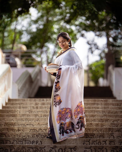 Linen Cotton Digital Printed Saree with Satin Banglory Blouse