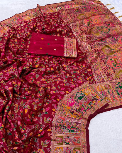 Pure Rajwadi Pashmina Silk Weaving Saree - Hand Dyed Kashmiri Pallu