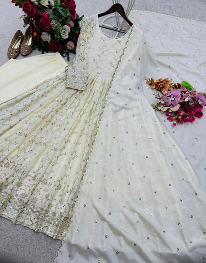 Off-White Chinon Silk Embroidered Anarkali Gown Set with Dupatta & Pants
