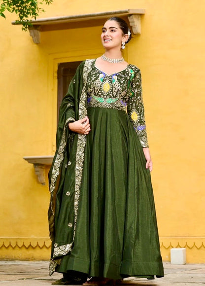 Roop Rani Designer Anarkali Suit – Vichitra Fabric Embroidered Gown with Zari Dupatta