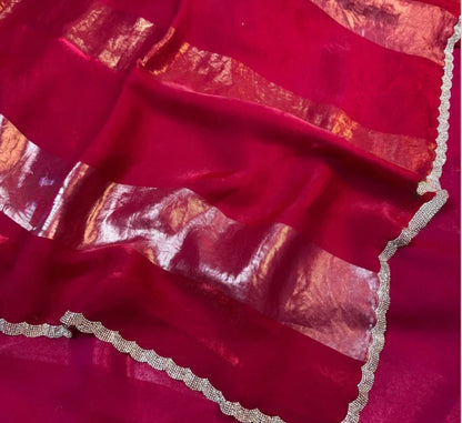 Elegant Metallic Stripe Party Wear Saree with Scalloped Diamond Border