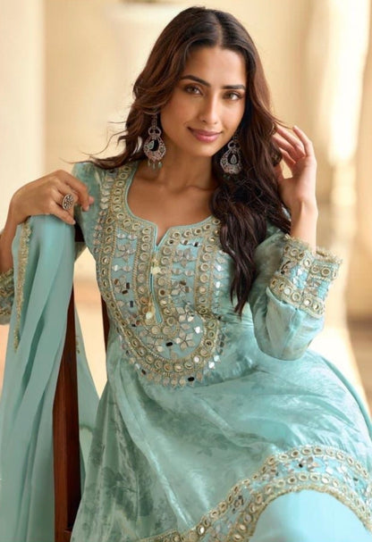 Mirror Work Simar Silk Suit Set with Embroidered Dupatta