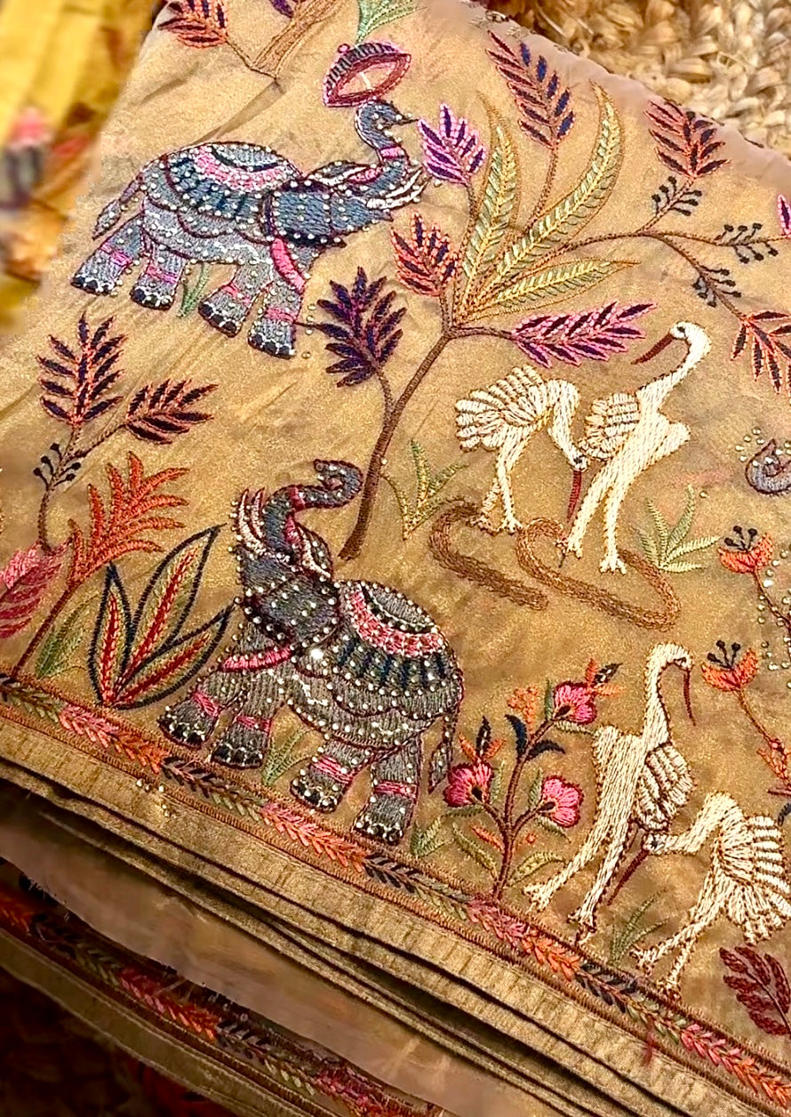 Luxury Peacock Embroidered Saree with Sequin Work & Stitched Blouse
