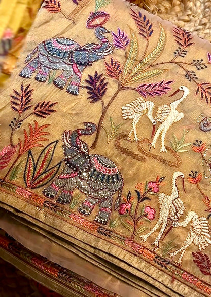 Luxury Peacock Embroidered Saree with Sequin Work & Stitched Blouse