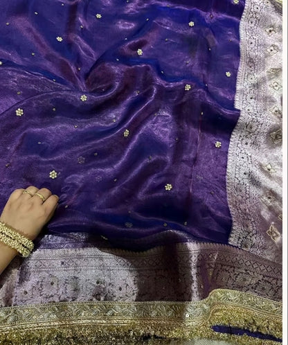 ✨ Pure Tissue Silk Designer Saree with Hand-Embroidered Floral Butis ✨