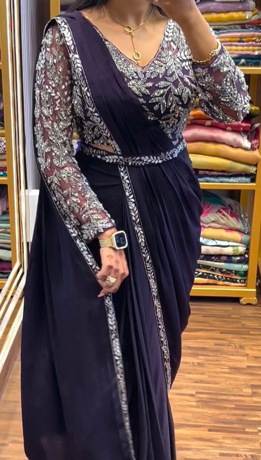 Ready to Wear Drape Saree with Embroidered Blouse & Waist Belt