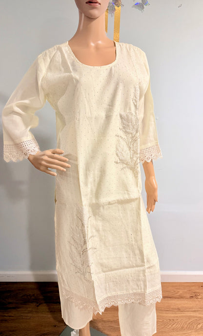 Elegant Off-White Silk Linen Embroidered Kurti Set