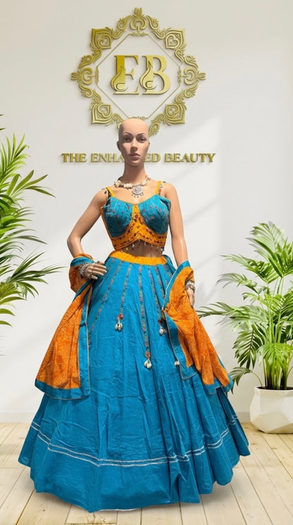 Vibrant Sky Blue Lehenga Choli with Mustard yellow Dupatta (Beach Sunset Theme)