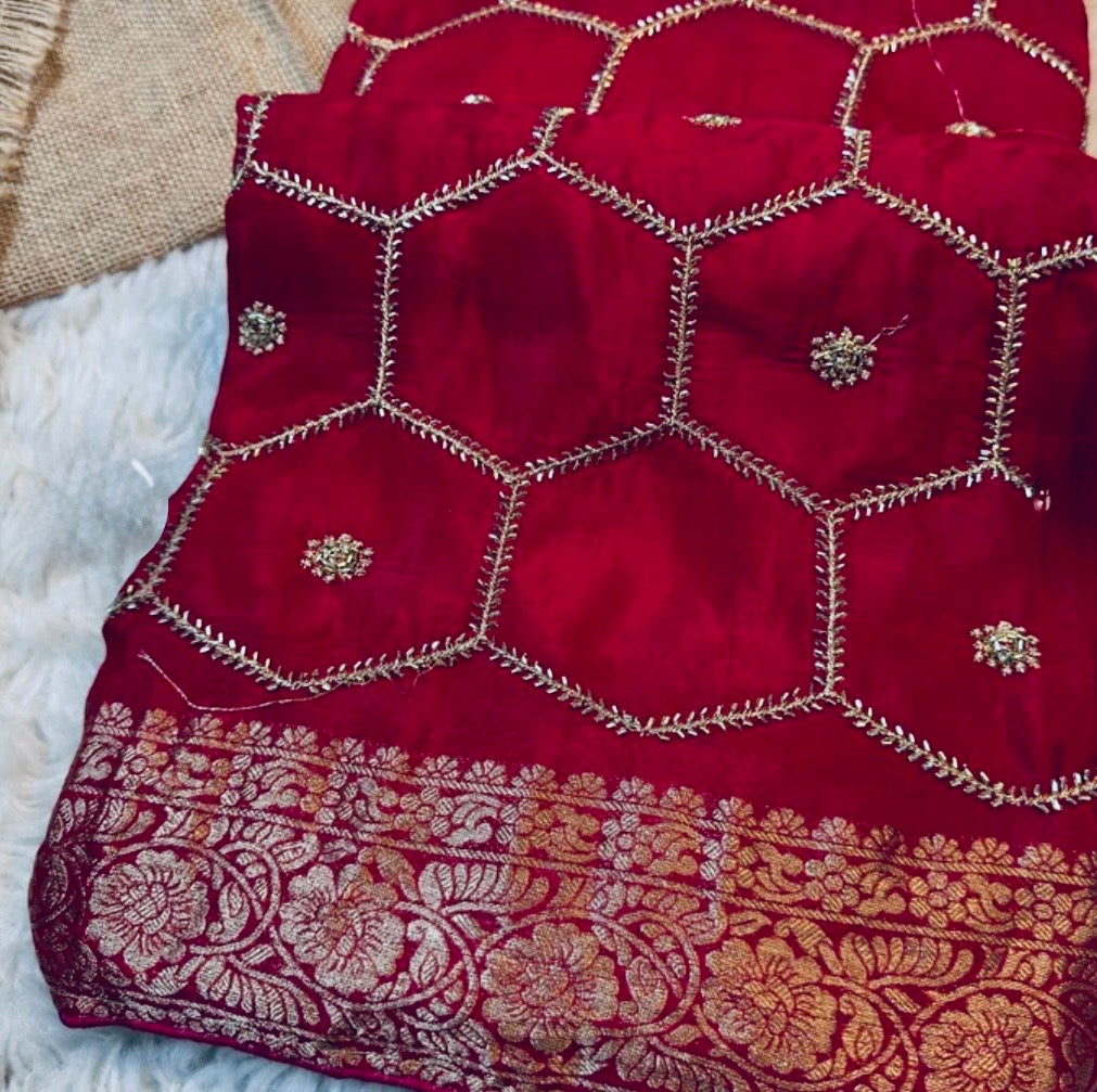 Honeycomb Handwork Soft Silk Blend Saree with Zari Border