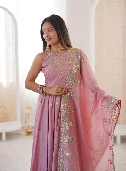 Premium Roman Silk Anarkali Gown Set with Chanderi Dupatta (Restock)
