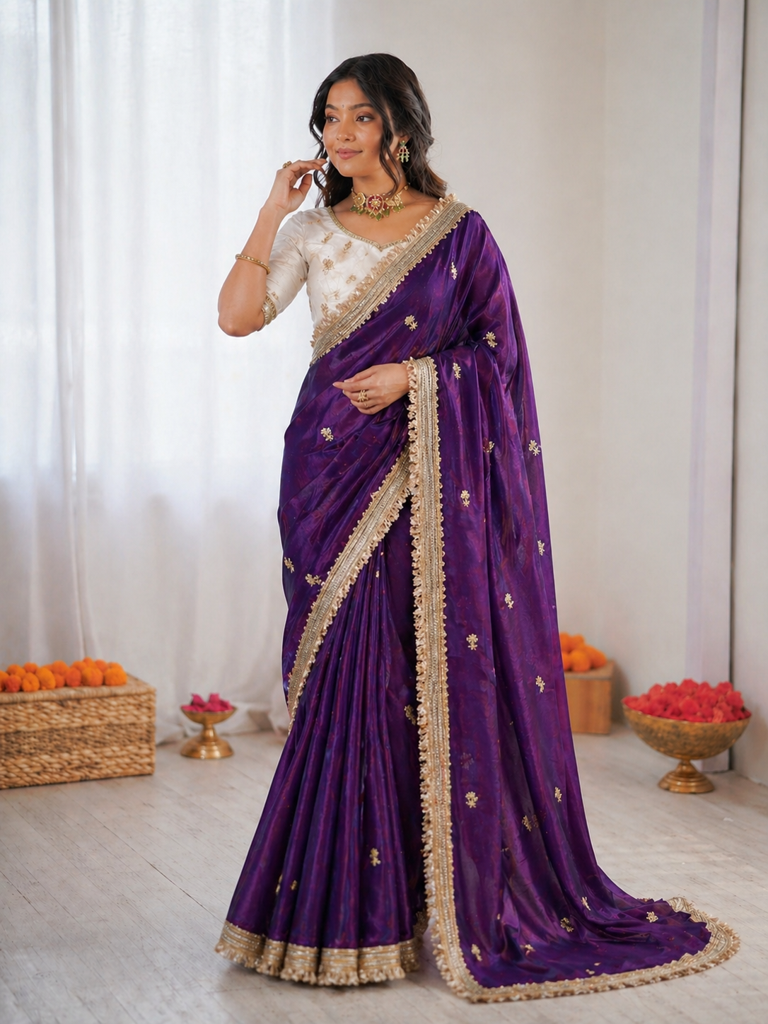 Woman wearing a purple saree with gold border indoors