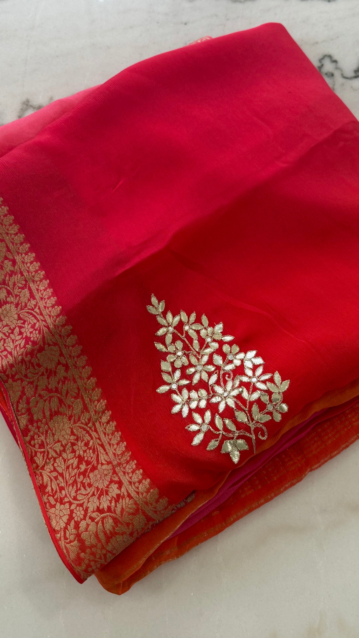 Limited Edition Pink-Orange Ombre Georgette Saree with Gota Patti Work