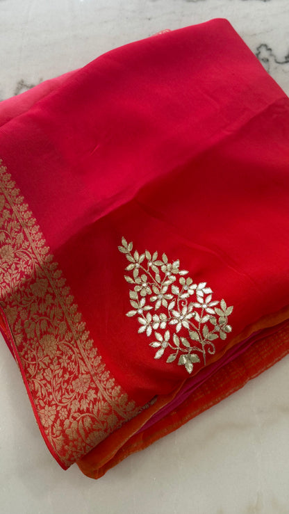 Limited Edition Pink-Orange Ombre Georgette Saree with Gota Patti Work