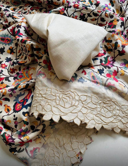 Floral Tussar Silk Saree with Cutwork Embroidered Border