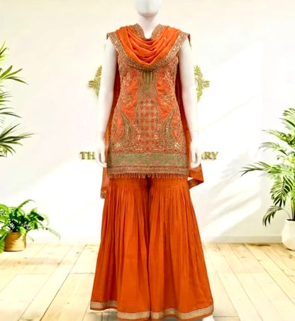 Royal Orange Silk Embroidered Sharara Suit Set with Paisley Border