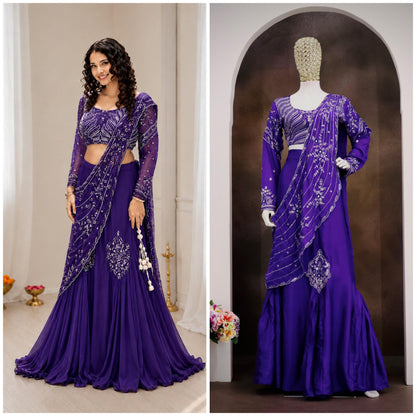 Premium Chinon Silk Lehenga Choli with Attached Pallu & Sequins Work