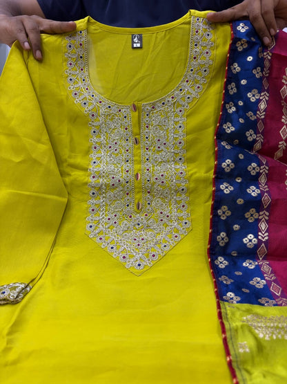 Lemon Viscose Chanderi Embroidered Kurta Pant Dupatta Set