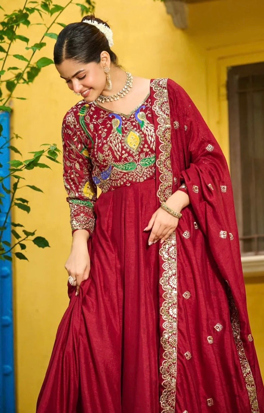 Roop Rani Designer Anarkali Suit – Vichitra Fabric Embroidered Gown with Zari Dupatta