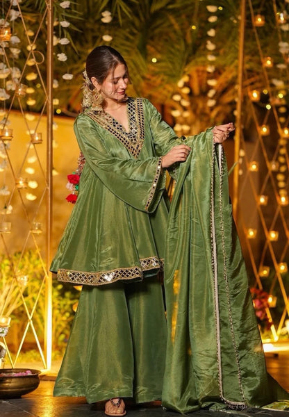 Cosmos Gold Zari Silk Sharara Set with Mirror Work Dupatta