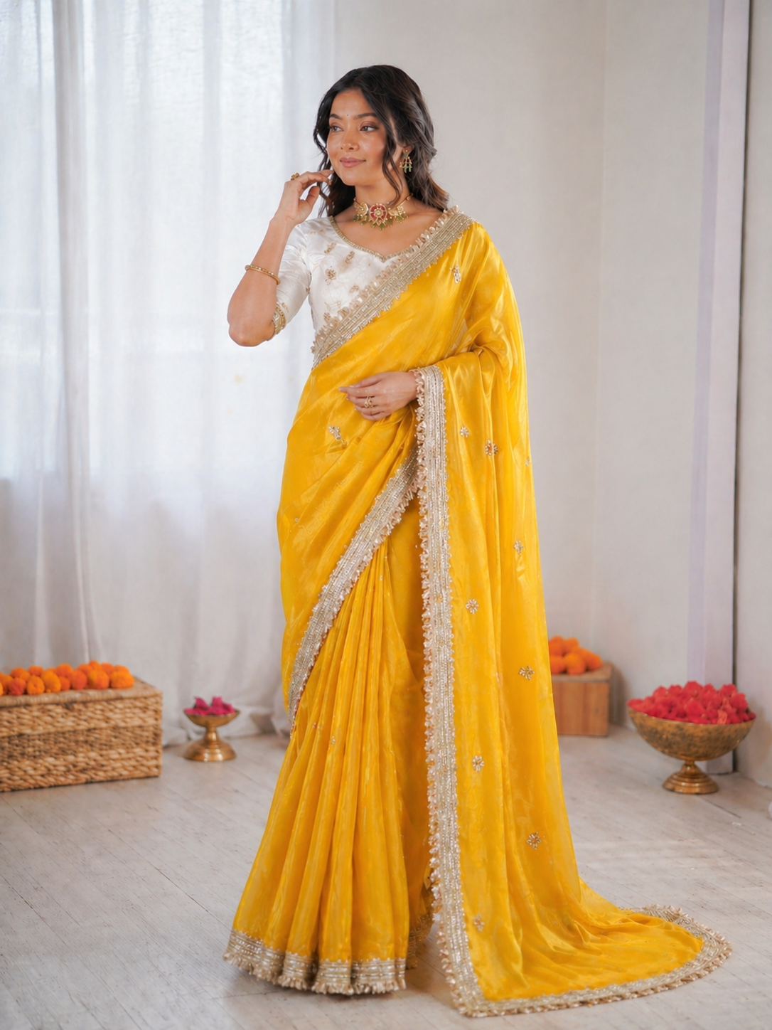 Woman wearing a yellow saree with a white blouse against a neutral background