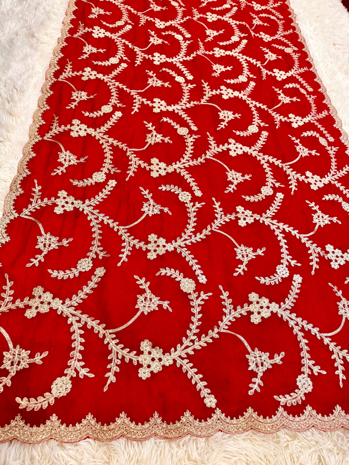 Red Bridal Georgette Saree with Golden Sequence Kashida Work