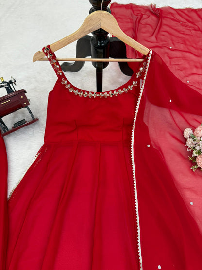 Red Hand Mirror Work Anarkali Suit Set with Palazzo & Dupatta
