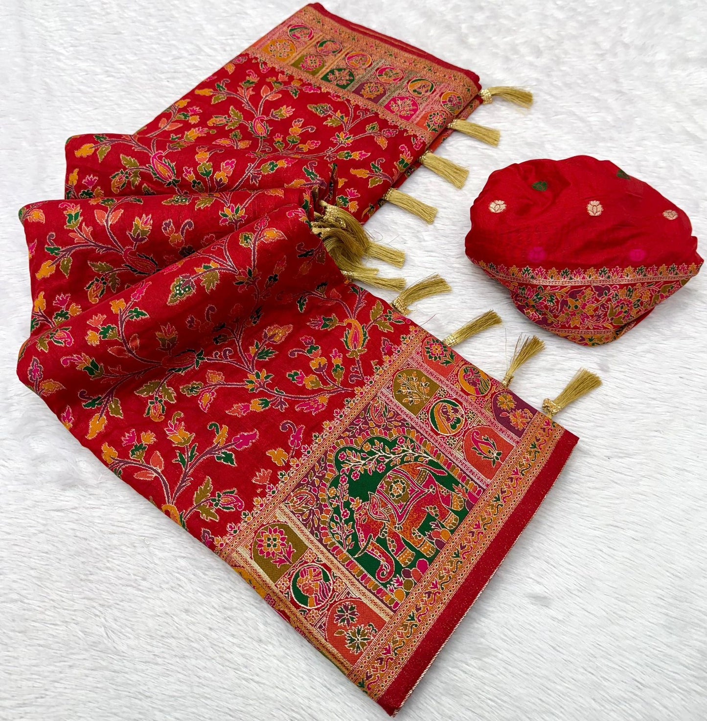 Pure Rajwadi Pashmina Silk Weaving Saree - Hand Dyed Kashmiri Pallu