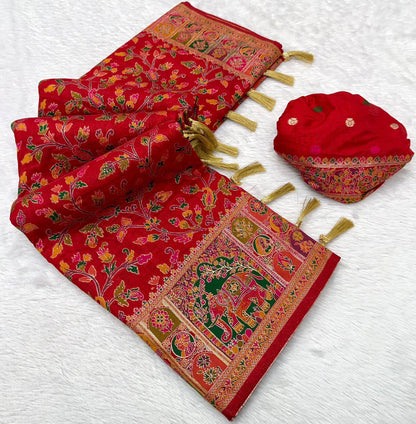 Pure Rajwadi Pashmina Silk Weaving Saree - Hand Dyed Kashmiri Pallu
