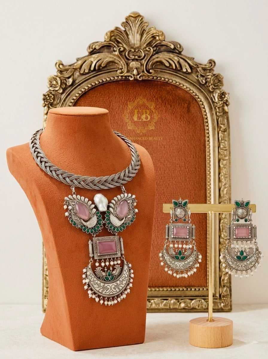 Statement Oxidized Silver Necklace Set with Pink & Green Stones