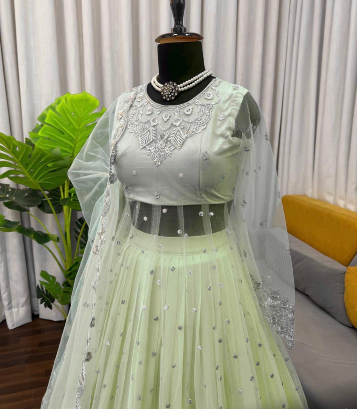 Faux Georgette Gown Lehenga Set with Sequins Work & Net Dupatta