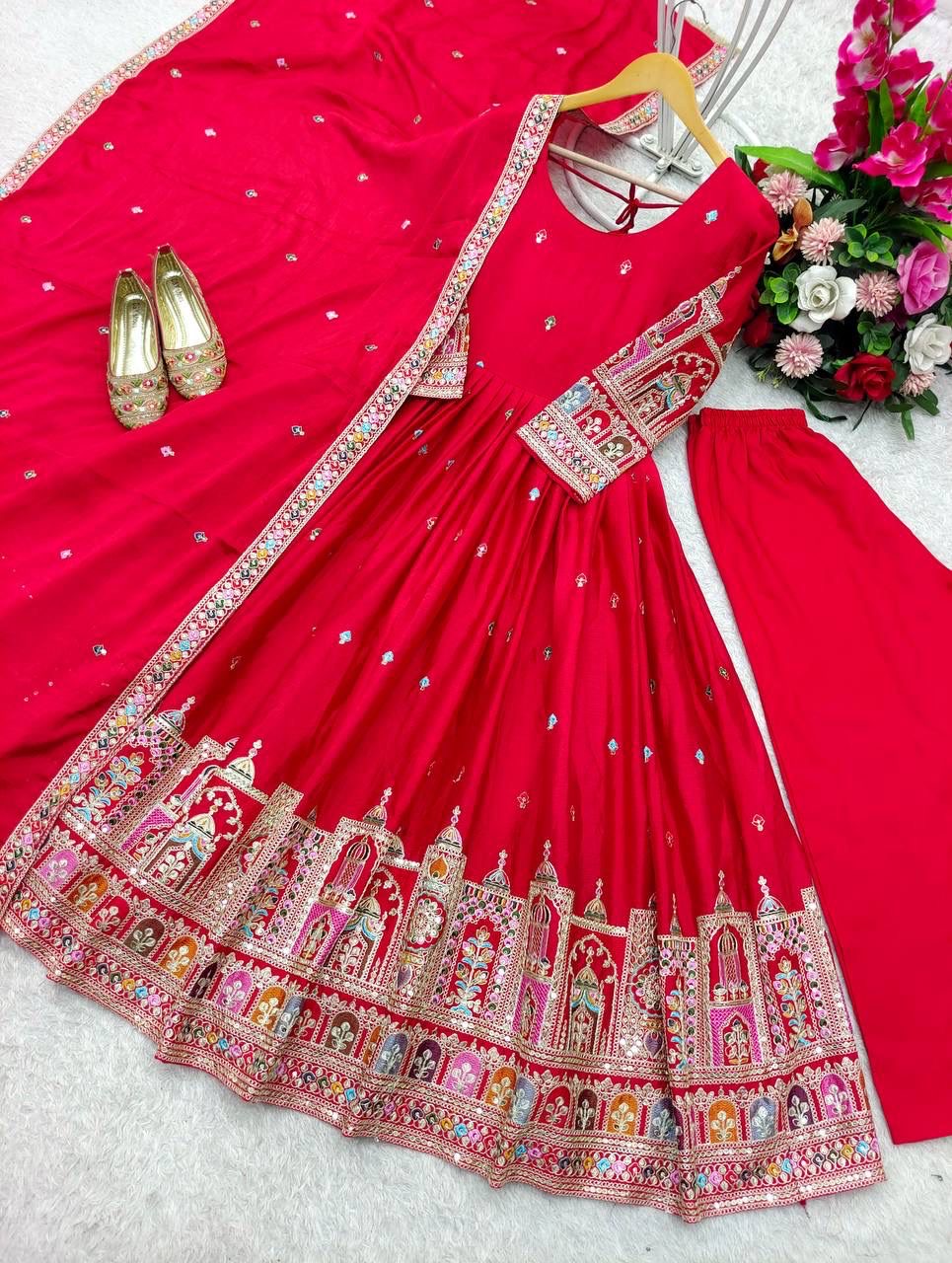 Pure Chinon Silk Gown Pant Dupatta Set