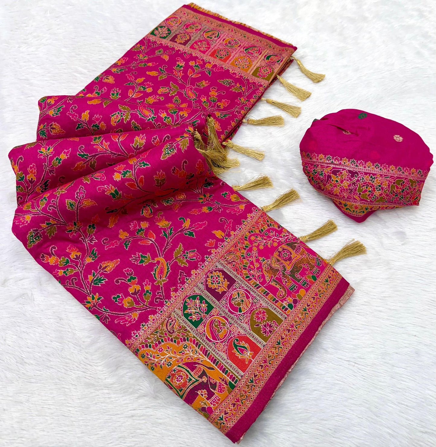 Pure Rajwadi Pashmina Silk Weaving Saree - Hand Dyed Kashmiri Pallu
