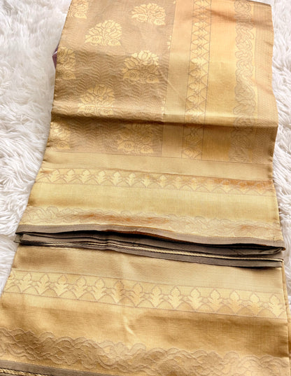 Beige saree with intricate patterns on a white textured background