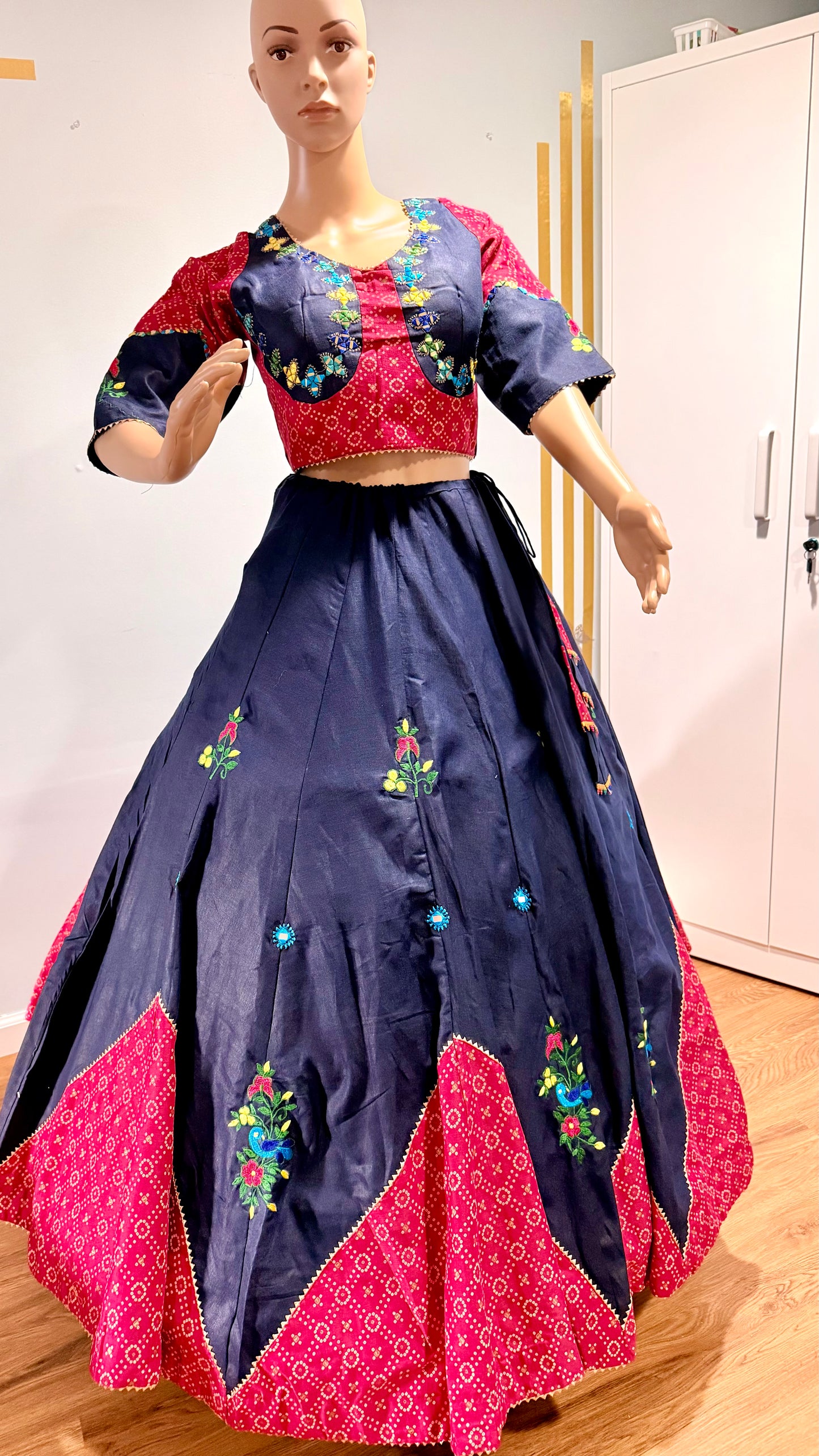 Royal Contrast Embroidered Navratri Lehenga Choli – Navy Blue & Rani Pink