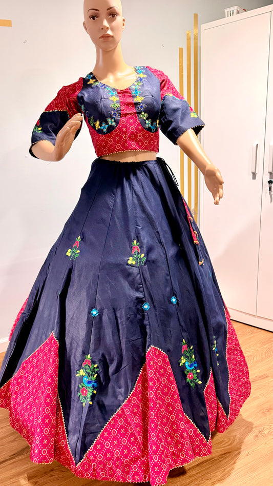 Royal Contrast Embroidered Navratri Lehenga Choli – Navy Blue & Rani Pink
