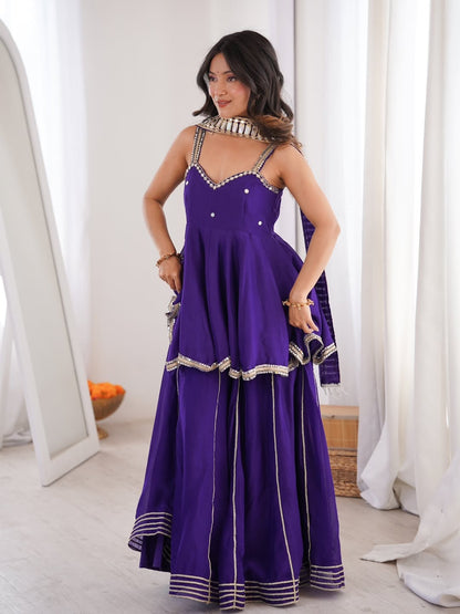 Purple Chinon Mirror Work Palazzo Set