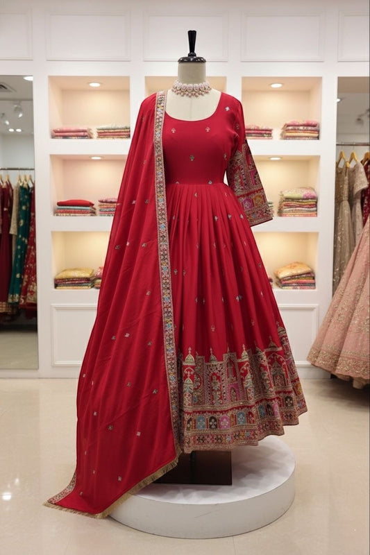 Pure Chinon Silk Gown Pant Dupatta Set