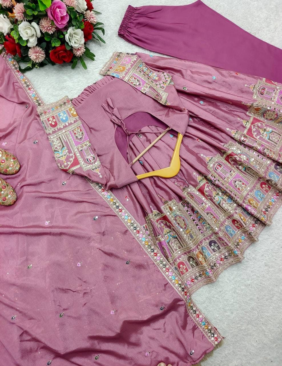 Pure Chinon Silk Gown Pant Dupatta Set