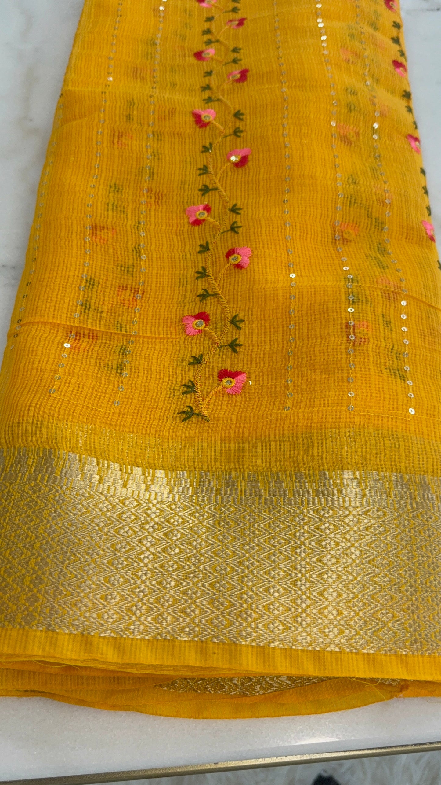Sunshine Yellow Floral Cotton Saree with Sequins & Thread Embroidery