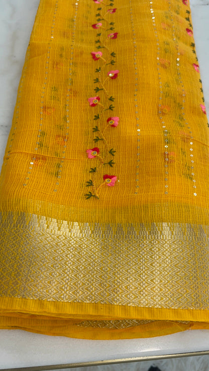 Sunshine Yellow Floral Cotton Saree with Sequins & Thread Embroidery